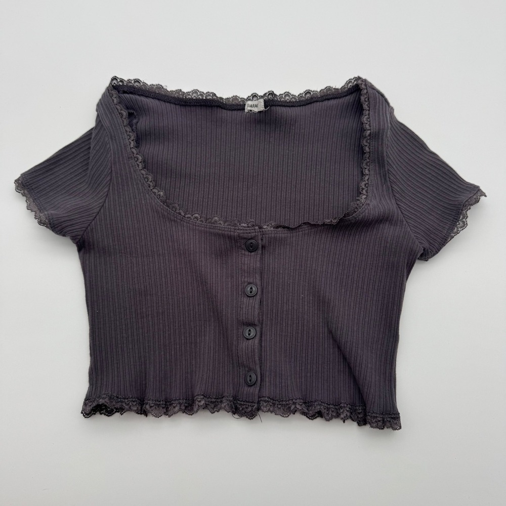 Garage Grey Ribbed Coquette Lace Trim Button Front Crop‎ Top Baby Tee Size S